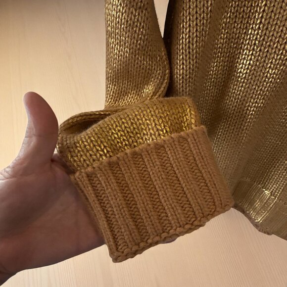 Rachel Roy Metallic Gold Cable Knit Sweater Small Shiny Pullover Mock Neck - Picture 6 of 9